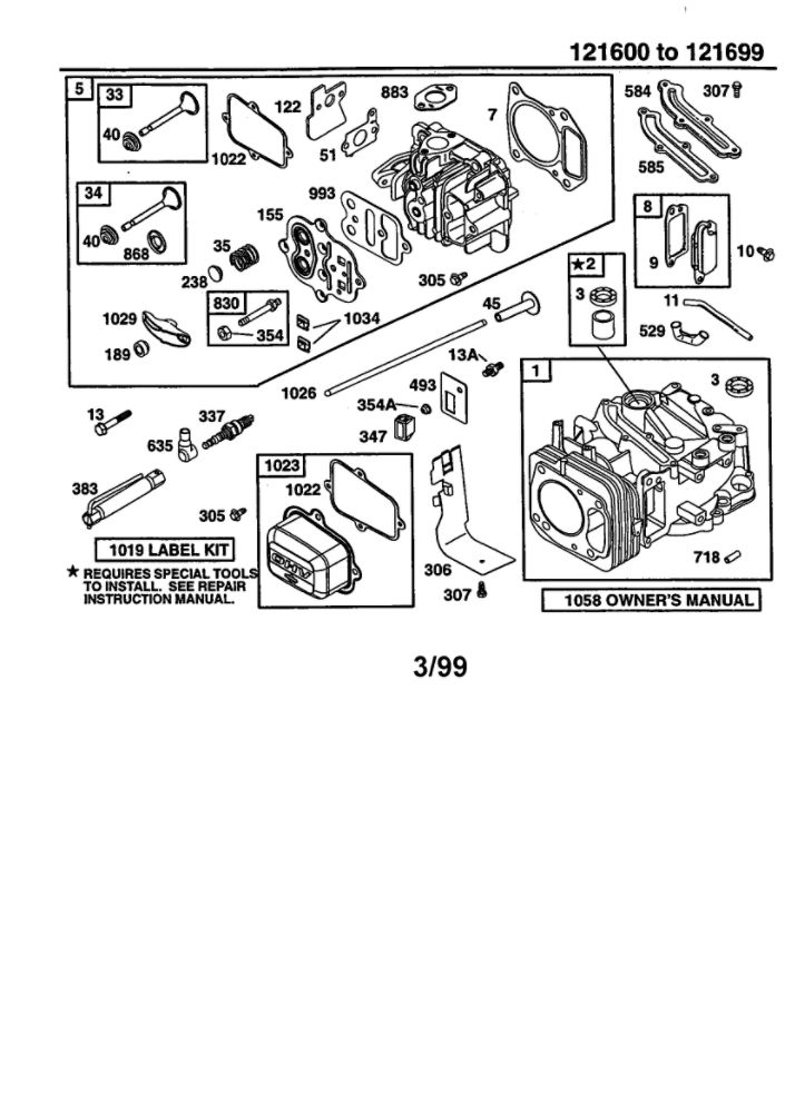 Cylinder Assembly Diagram and Parts List for 121600  Briggs and Stratton Engine